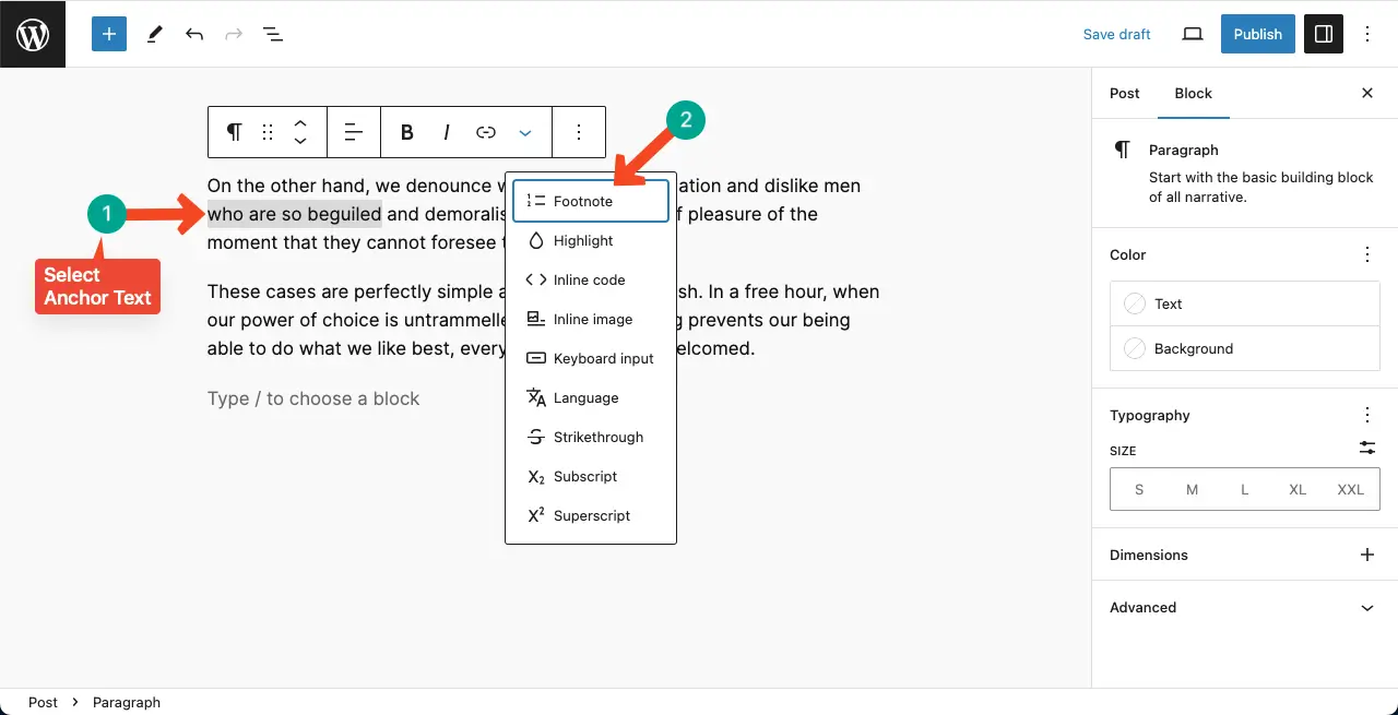 Select anchor text and set a footnote for it