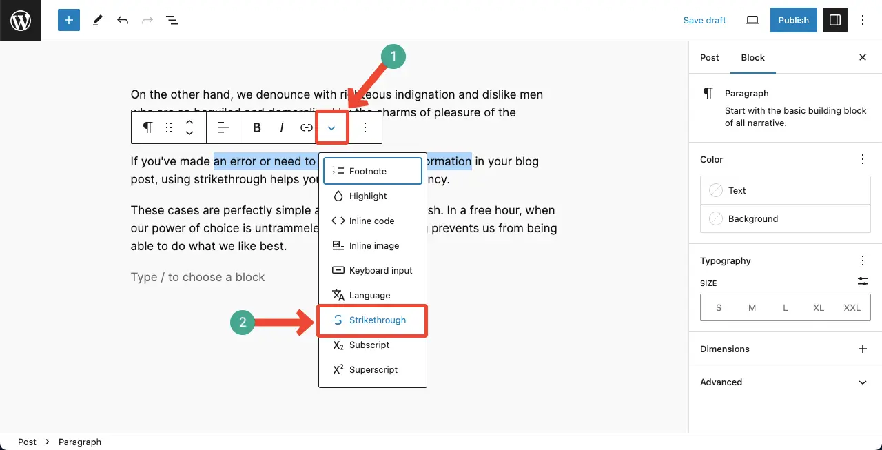 Select the strikethrough feature from the Gutenberg toolbar's dropdown list