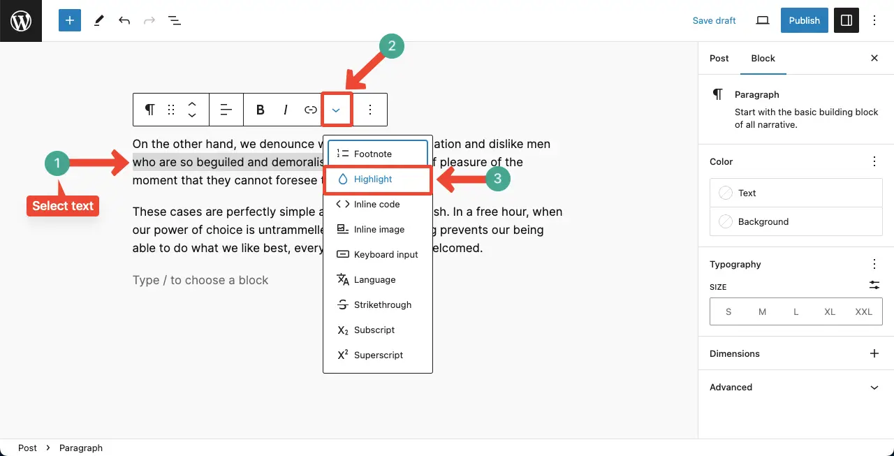 Select your desired text and use the highlight option on it from the Gutenberg toolbar