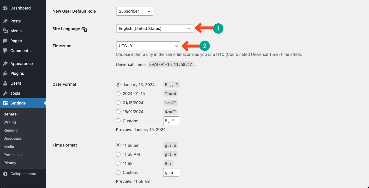 Set WordPress site language and timezone