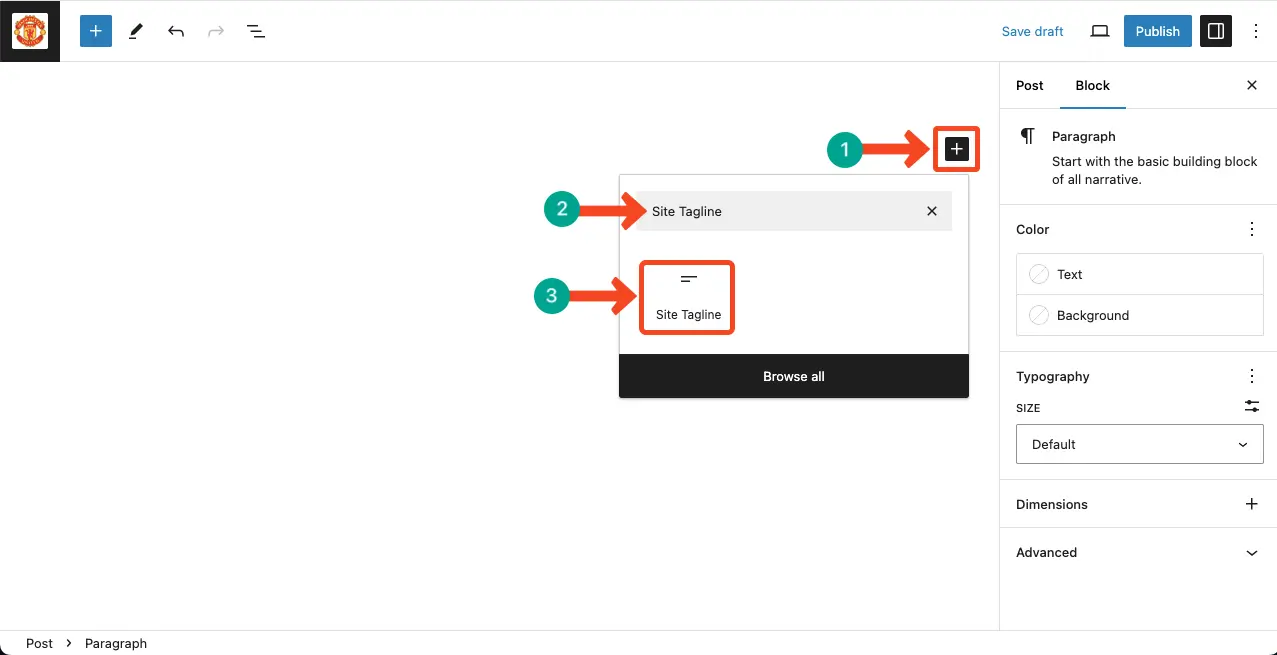 Add the Gutenberg Site Tagline Block to your post editor