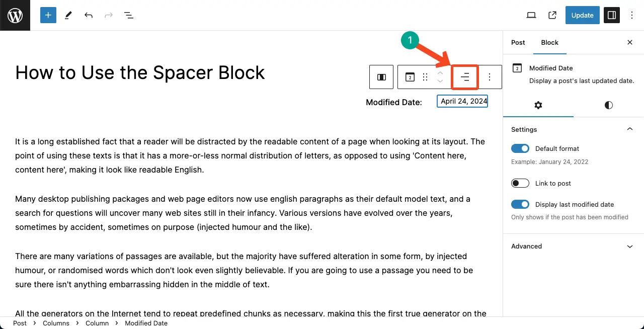 Change the position of the WordPress Medified Date block using the alignment option