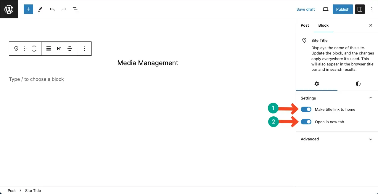 Configure Settings of the Gutenberg Site Title Block