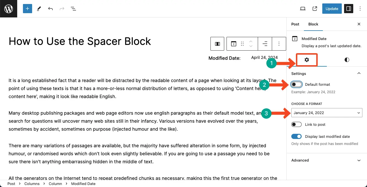Configure Settings of the WordPress Modified Date Block