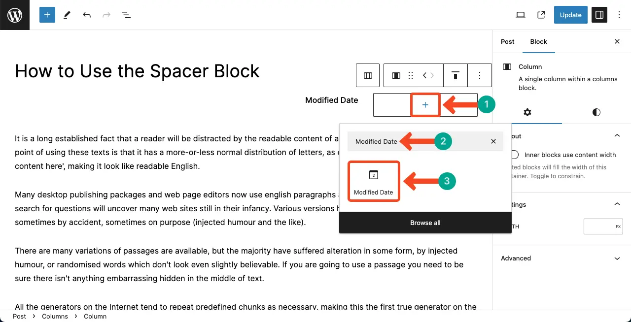 Find and add the WordPress Modified Date block to the editor
