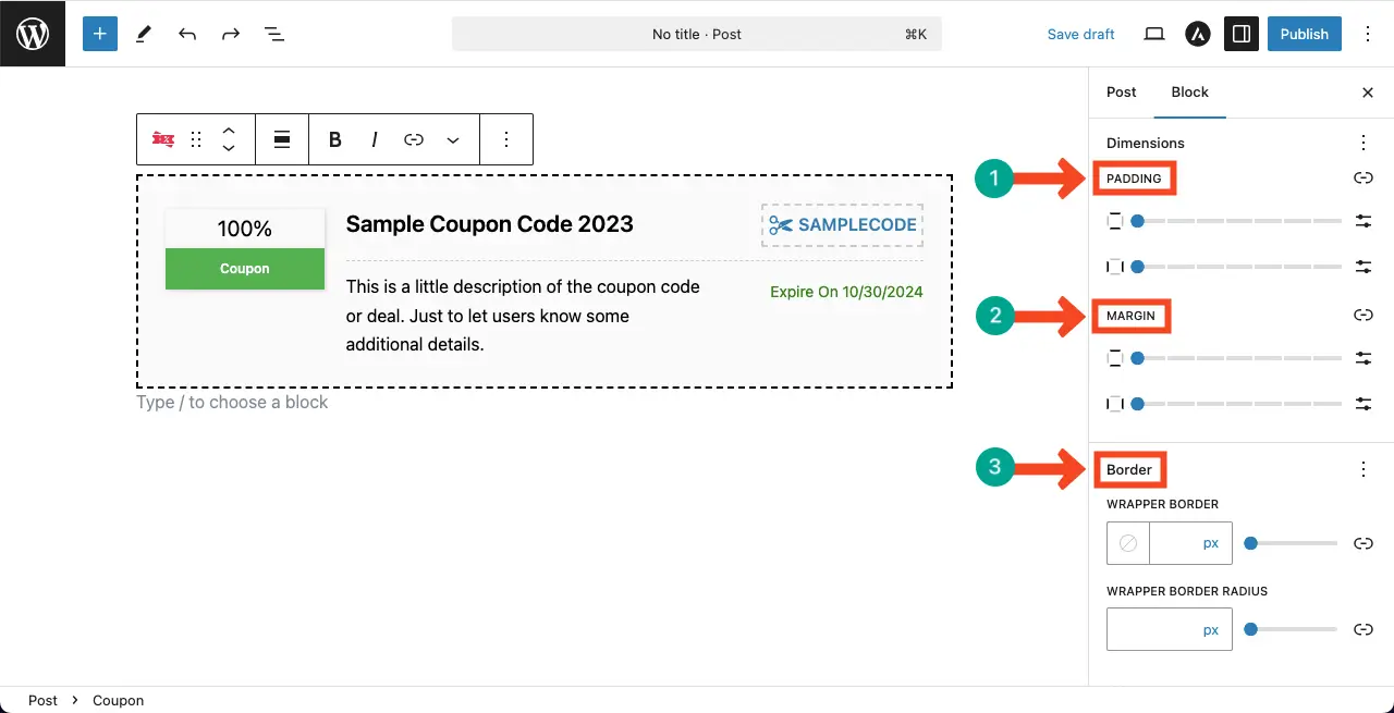 Set padding, margin and border for the coupon block